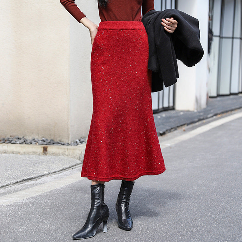 Damen nan figurbetonter gestrickter Midirock mit Glitzerfaser und Trompetensaum Drune