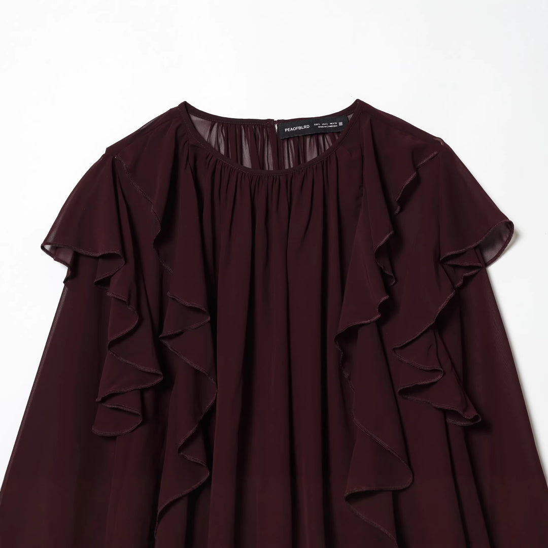 Damen nan voluminöse Chiffonbluse mit mehrlagigen Volants, gerafftem Ausschnitt und lockerem Fall Drune