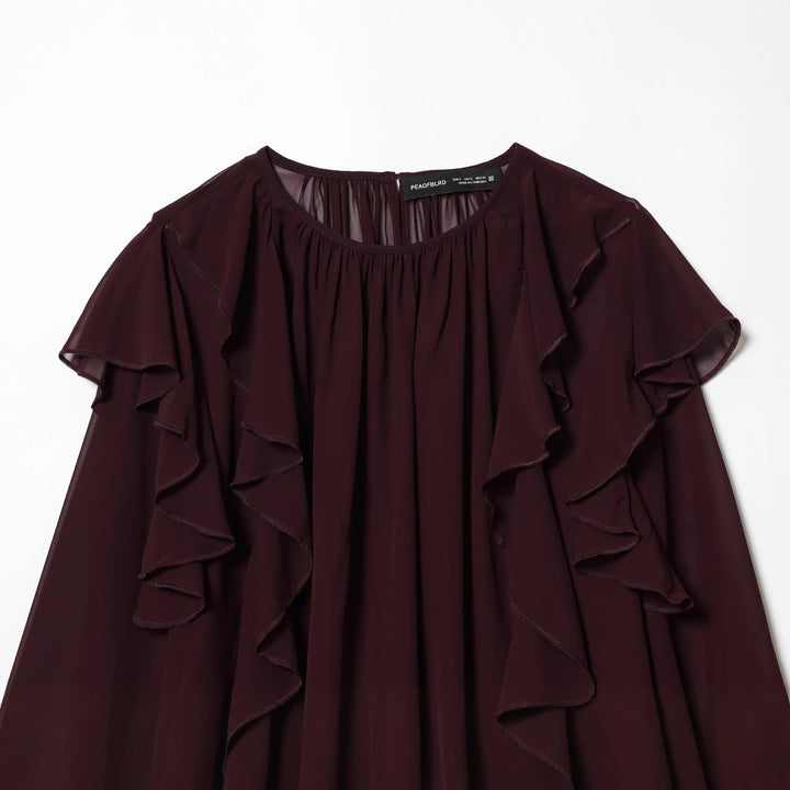 Damen nan voluminöse Chiffonbluse mit mehrlagigen Volants, gerafftem Ausschnitt und lockerem Fall Drune