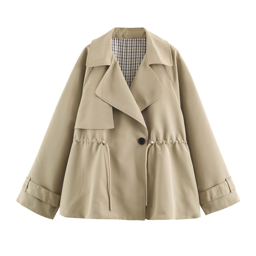 Damen Kurzer Oversize-Trenchcoat mit Tunnelzug-Taille und breitem Revers Drune