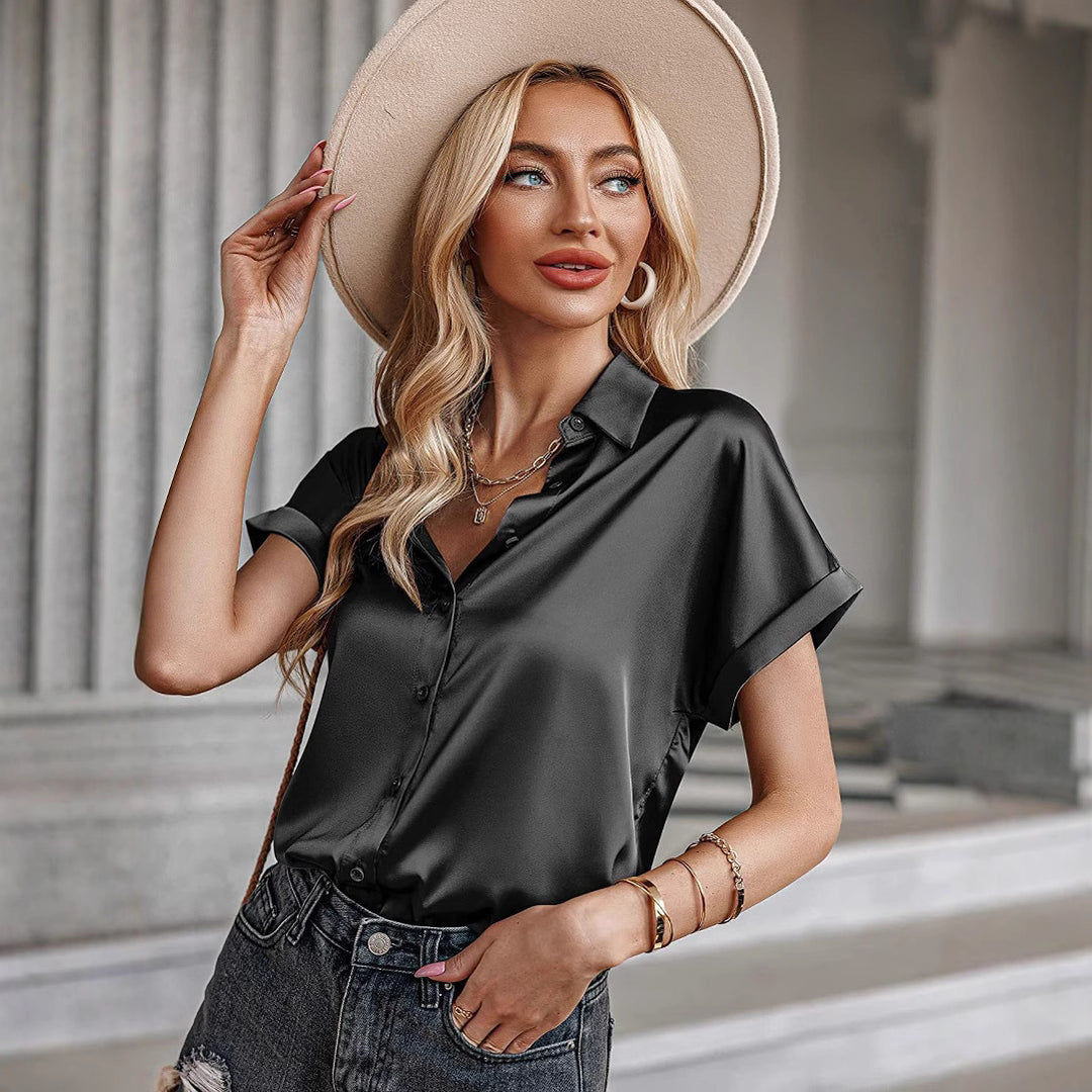 Damen Satin-Bluse mit überschnittenen Schultern Drune
