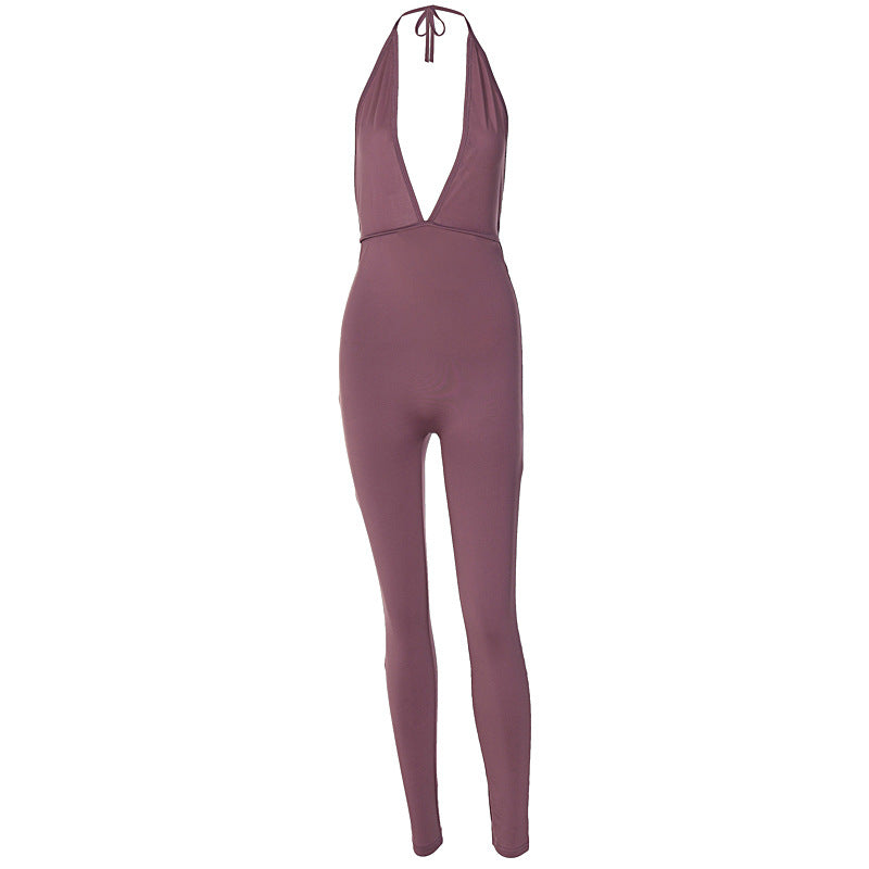 Damen eleganter Jersey-Einteiler mit tiefem Ausschnitt und Bindebändern Drune