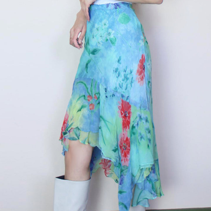 Damen Wickelrock mit floralem Design und voluminösem Rüschenabschluss Drune