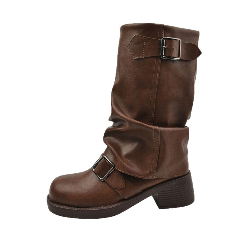 Damen Mid‑Calf Slouch-Bikerstiefel mit doppelter Schnalle und niedrigem Blockabsatz Drune
