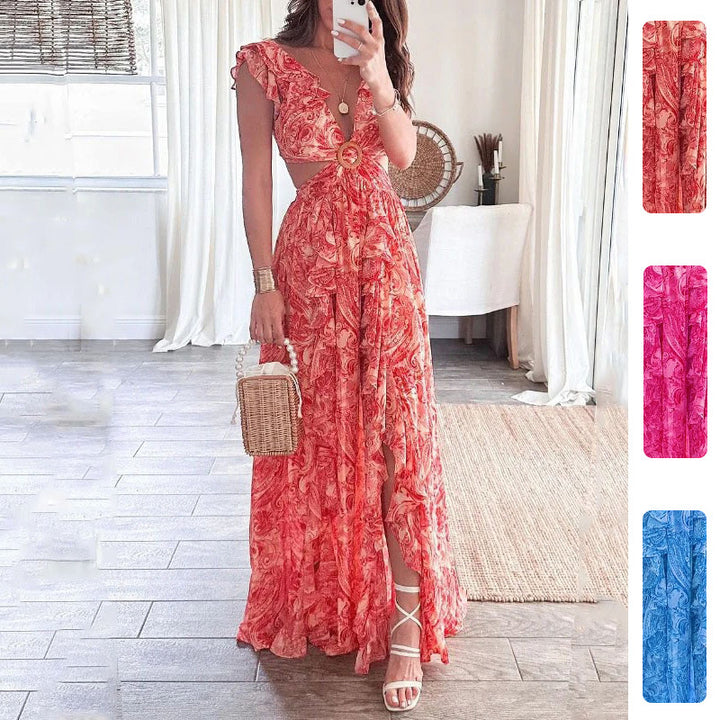 Damen Langes Maxikleid mit elegantem Cut-Out Design und Rüschenausschnitt Drune