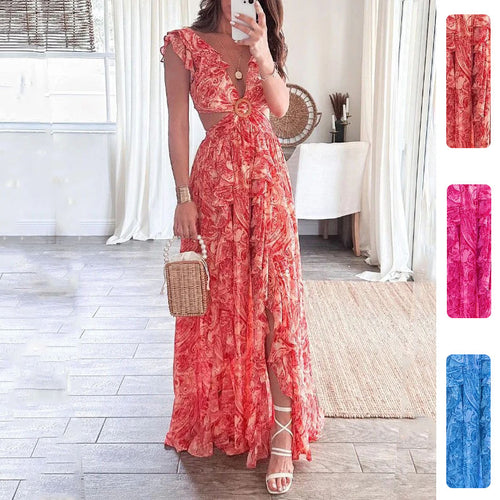 Damen Langes Maxikleid mit elegantem Cut-Out Design und Rüschenausschnitt Drune