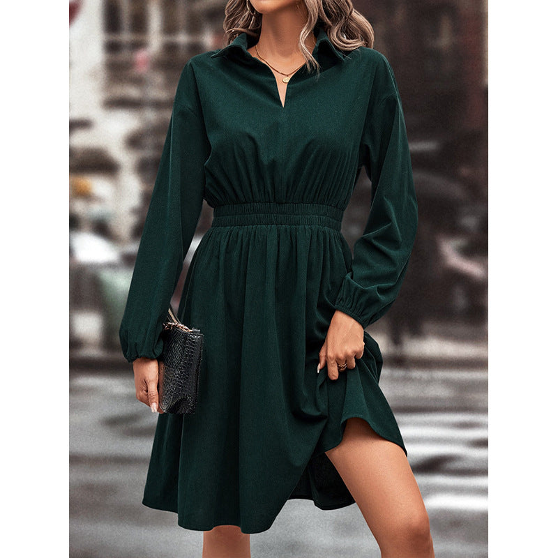 Damen elegantes Midi-Kleid mit Taillengummi und Puffärmeln Drune