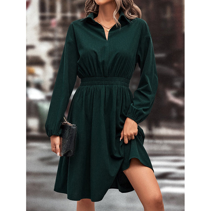 Damen elegantes Midi-Kleid mit Taillengummi und Puffärmeln Drune