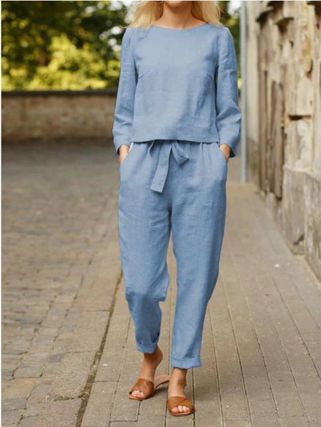Damen Lässiges Leinen-Loungewear-Set mit Rundhalsausschnitt, Bindegürtel und knöchellanger Hose Drune