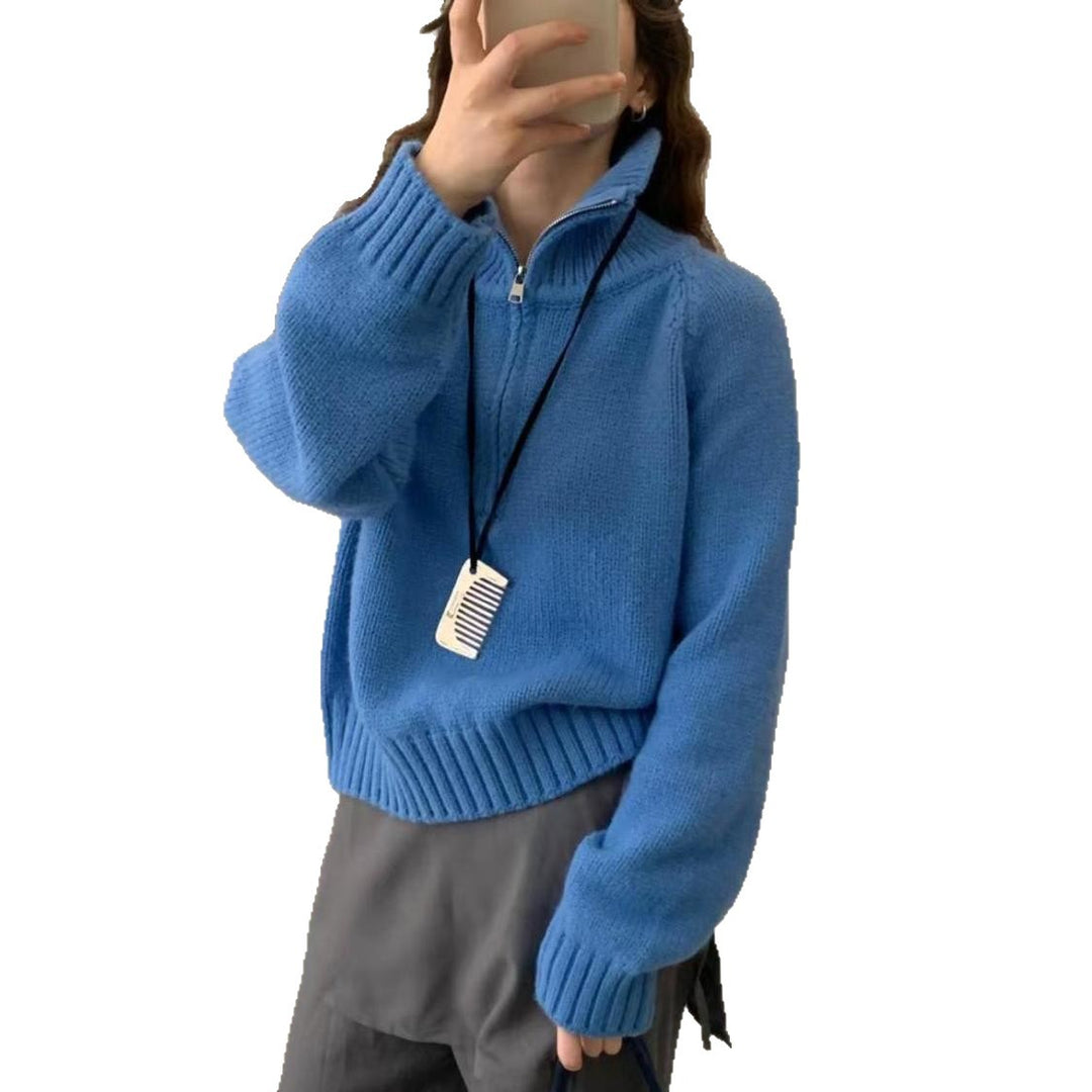 Damen Modischer Strickpullover mit hohem Kragen und Reißverschluss Drune