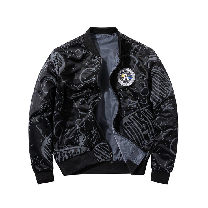 Herren  bestickte Raum-Patch glänzende Shell Bomberjacke mit bedrucktem Innenfutter und Ärmel-Reißverschluss-Nutztasche Drune