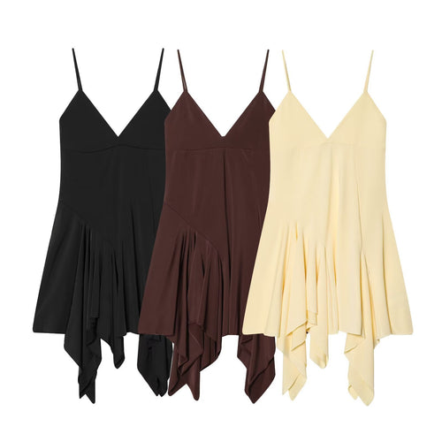 Damen fließendes Spaghetti-Trägerkleid mit asymmetrischem Saum und elegantem Faltenwurf Drune