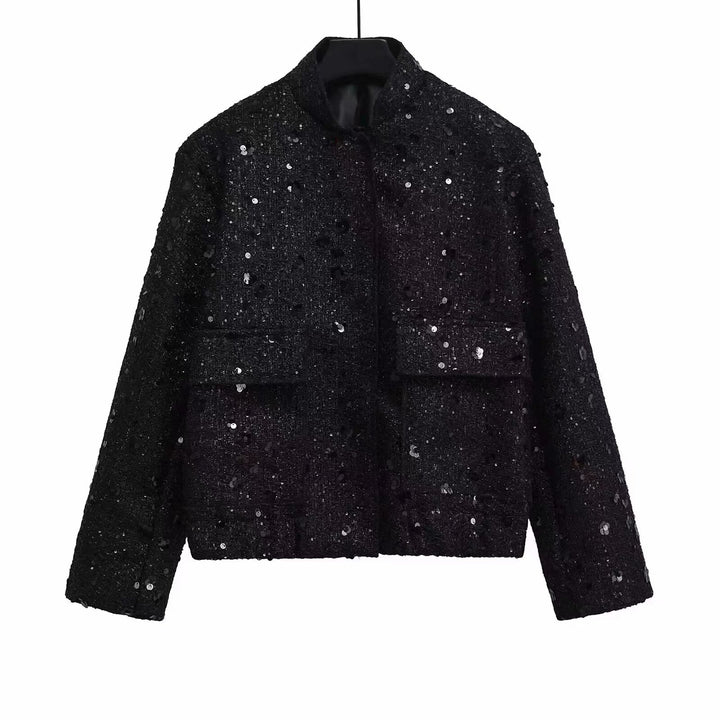Damen nan strukturierte Boucléjacke mit Stehkragen, aufgesetzten Taschen und elastischem Saum Drune