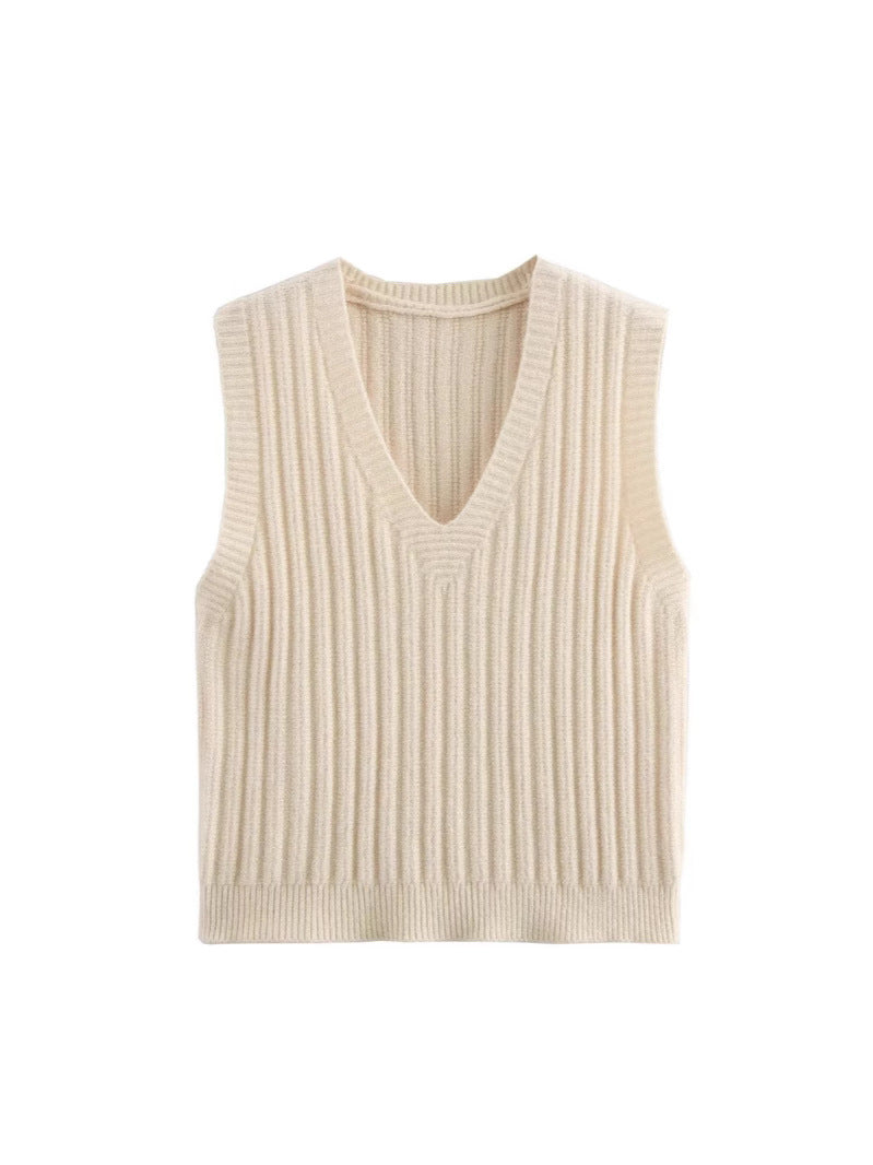 Damen V-Ausschnitt Rippenstrick Ärmelloser Pullover Drune