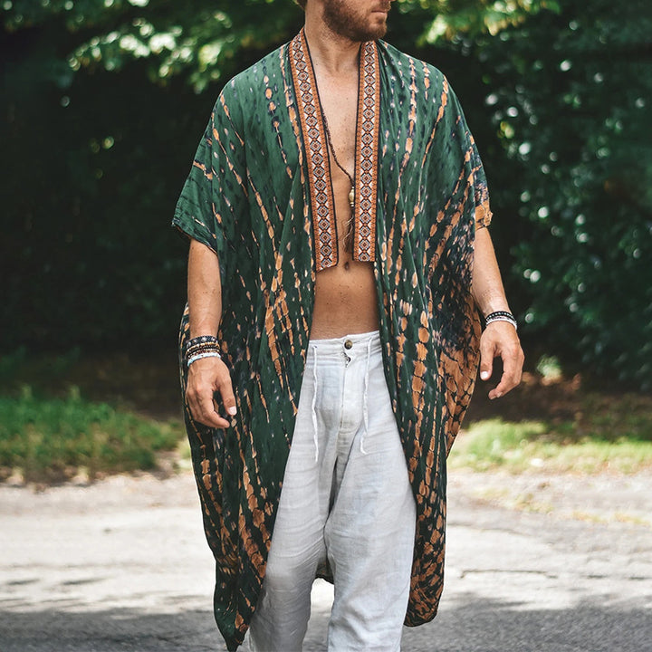 Herren Langer Batik-Kimono aus leichter Viskose mit Ornamentbesatz Drune