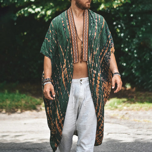 Herren Langer Batik-Kimono aus leichter Viskose mit Ornamentbesatz Drune