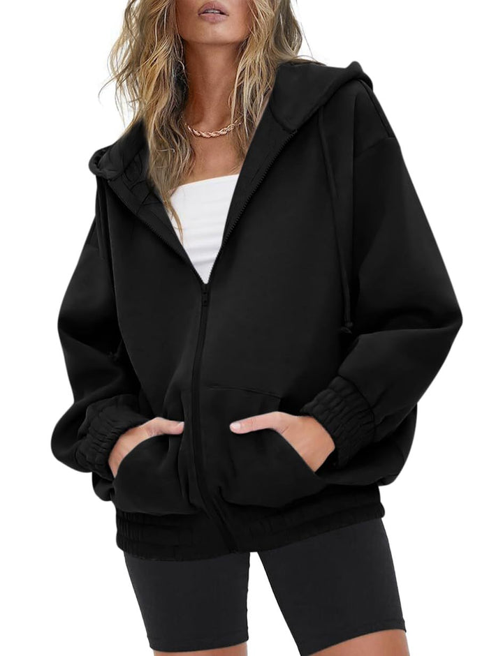 Damen nan oversized Kapuzenjacke mit Reißverschluss, Fleece-Futter und Kängurutaschen Drune