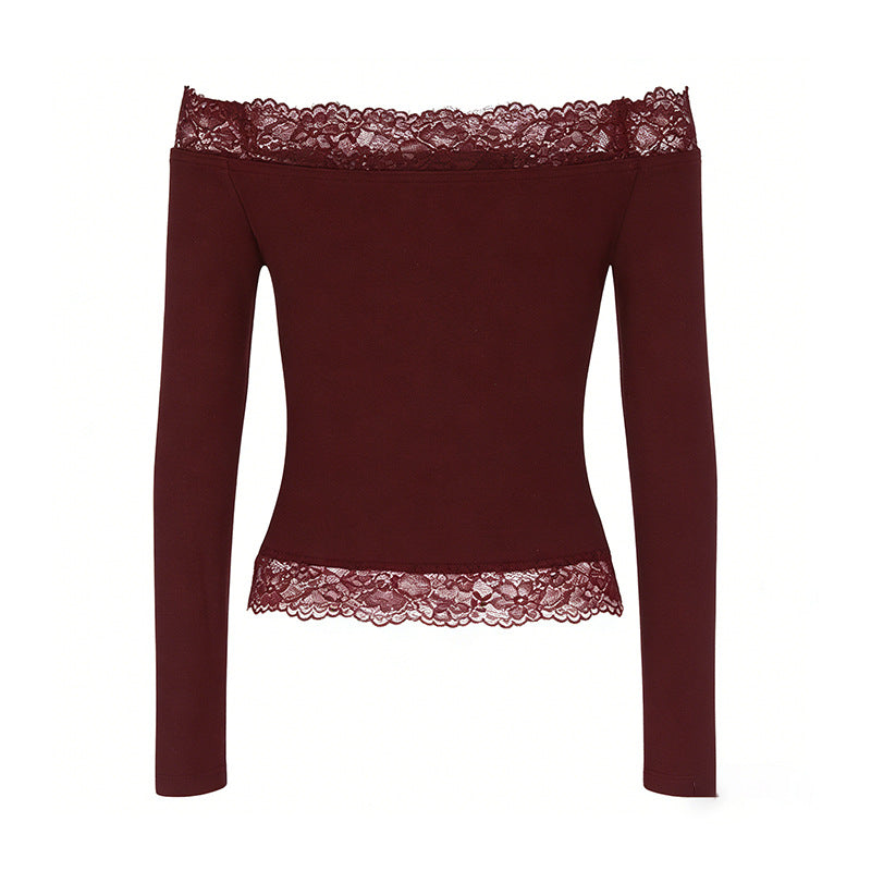 Damen elegantes Off-Shoulder Shirt mit Spitzenbesatz Drune
