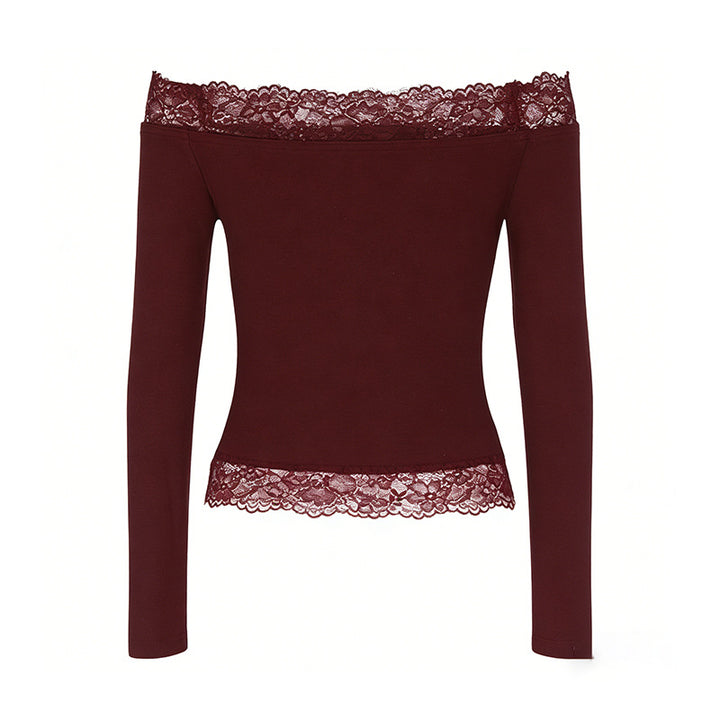 Damen elegantes Off-Shoulder Shirt mit Spitzenbesatz Drune