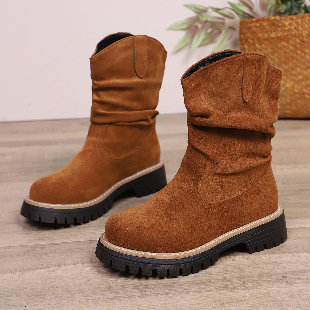 Damen weiche Wildleder-Stiefel mit lässigem Faltenlook und robuster Profilsohle Drune