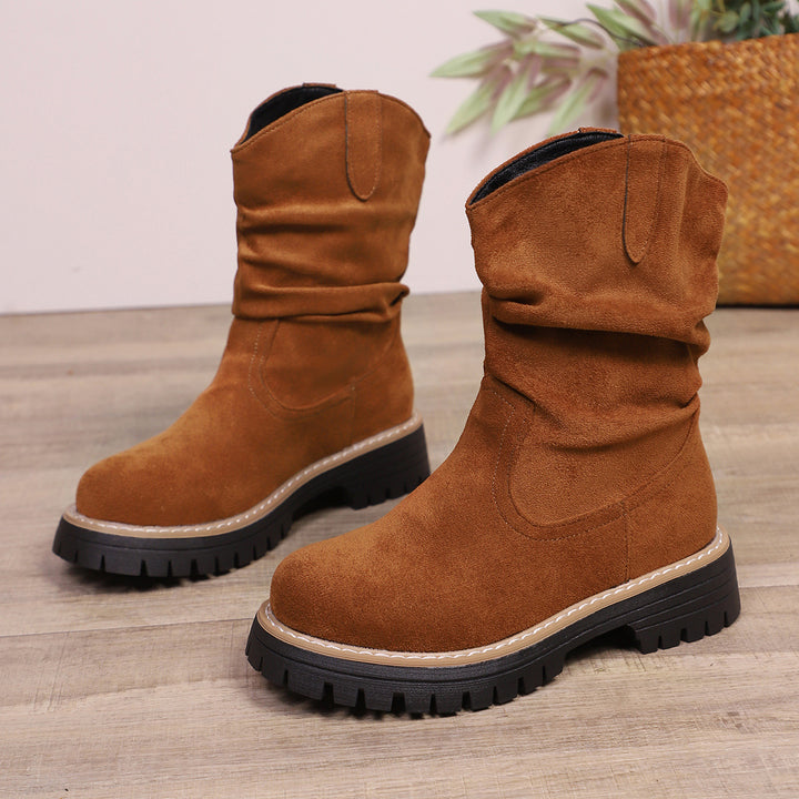 Damen weiche Wildleder-Stiefel mit lässigem Faltenlook und robuster Profilsohle Drune
