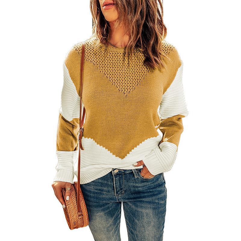 Damen Farbblock-Strickpullover mit strukturiertem Yoke und gerippten Ärmeln Drune