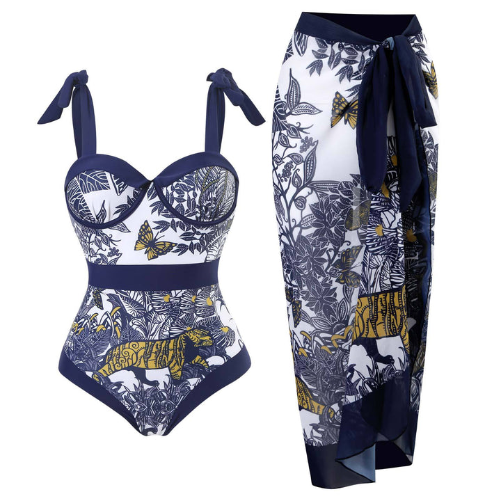 Damen Einteiler Badeanzug mit floralem Muster und passendem Wickelrock Drune