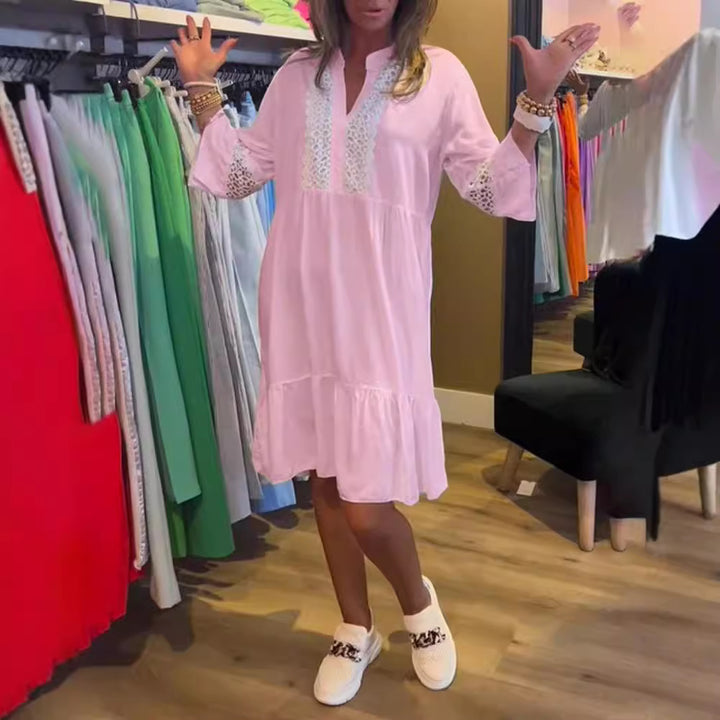 Damen nan lockeres Babydoll-Tunikakleid mit Spitzenpasse, V-Ausschnitt, Stehkragen und Stufenvolant Drune