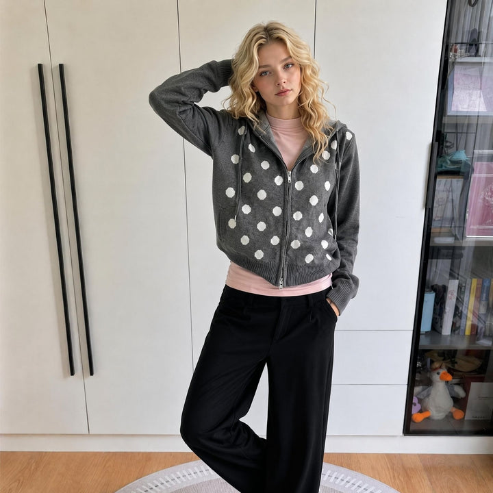 Damen Kapuzenjacke mit Reißverschluss, gewaschener Vintage-Optik & dezenter Punkte-Applikation Drune
