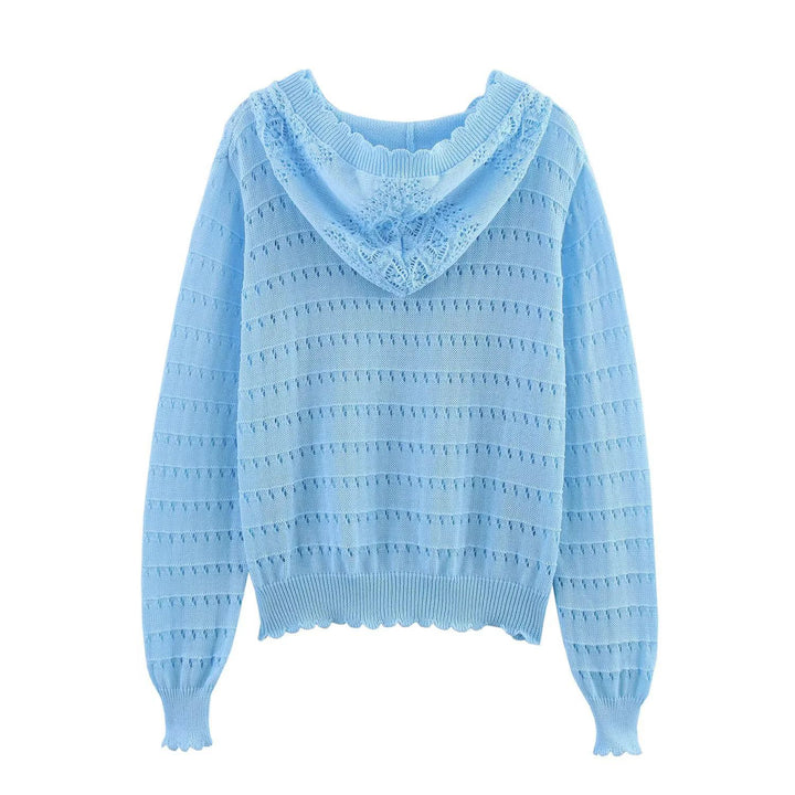 Damen nan Kapuzen-Strickpullover mit Ajourmuster, Tunnelzug und Ballonärmeln Drune