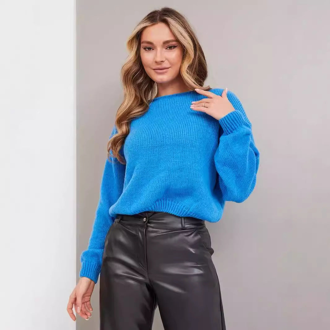 Damen lässiger Grobstrickpullover mit weiten Ärmeln und Rundhalsausschnitt Drune