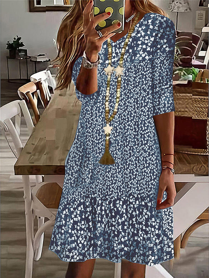 Damen Casual Midi Kleid mit Rüschensaum, Dreiviertelarm und Blumendruck Drune
