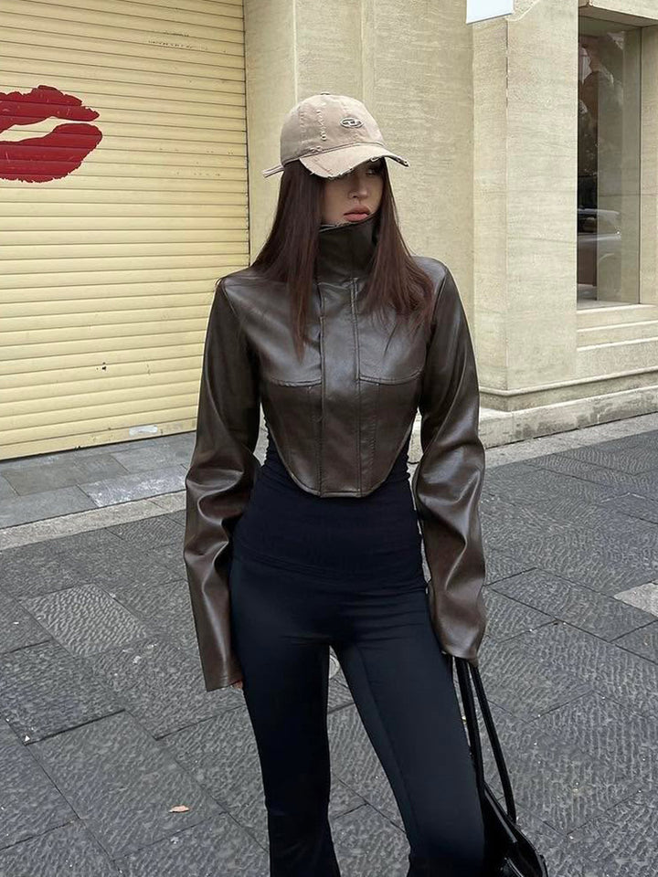 Damen Cropped Kunstleder‑Corsagenjacke mit hohem Stehkragen und verlängerten Ärmeln Drune