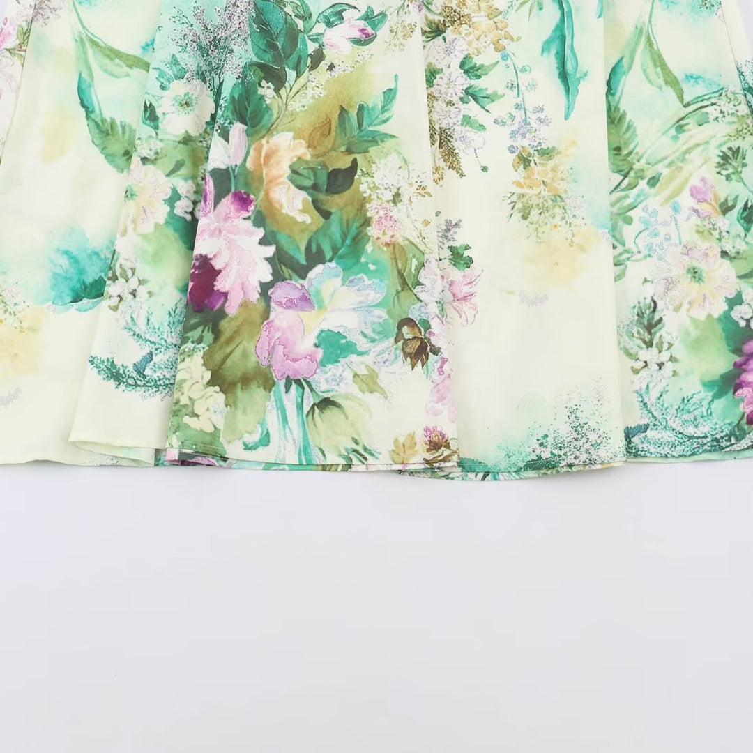 Damen Midikleid mit plissiertem Oberteil, Glockenärmeln und floraler A‑Linie Drune
