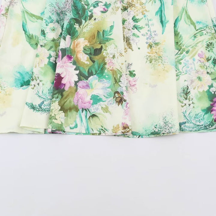 Damen Midikleid mit plissiertem Oberteil, Glockenärmeln und floraler A‑Linie Drune