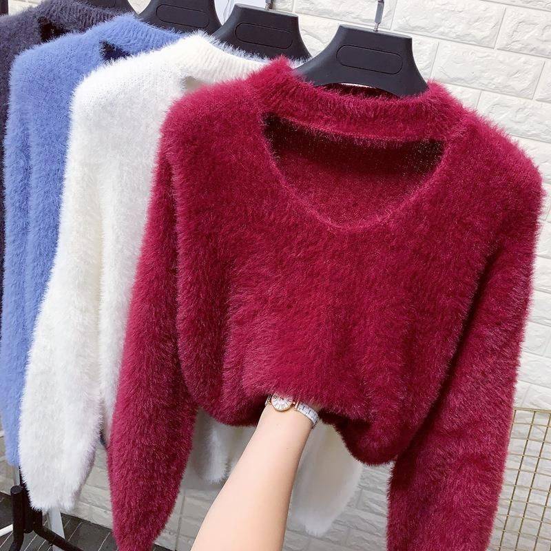 Damen kuscheliger V-Ausschnitt Pullover mit hohem Kragen Drune