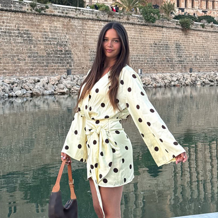 Damen Wickel-Minikleid mit V-Ausschnitt, Glockenärmeln und Polka-Dot-Print Drune