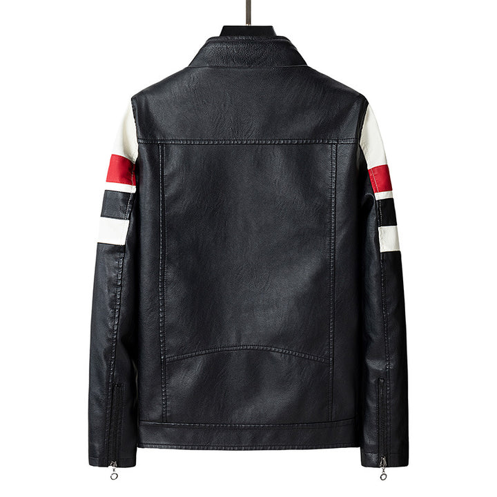 Herren Biker-Lederjacke im Racing-Look mit Kontraststreifen und Stehkragen Drune