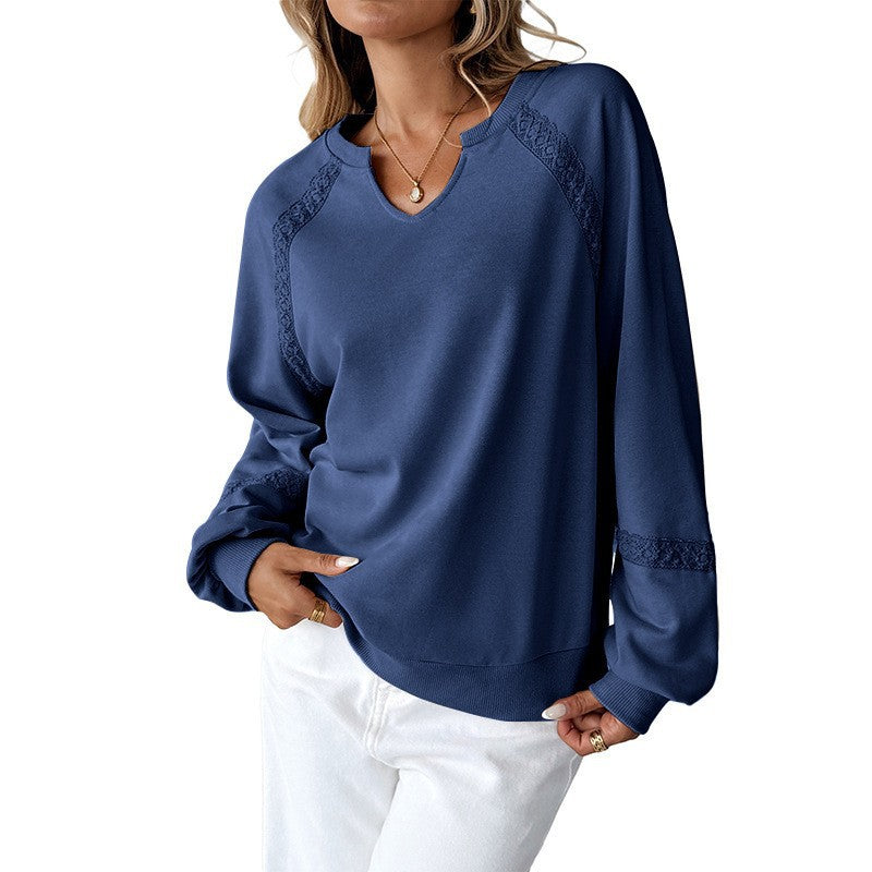 Damen Lässiges Sweatshirt mit V-Notch, Spitzeneinsätzen und Ballonärmeln Drune