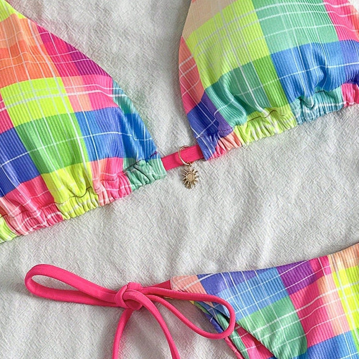 Damen Bunt karierter Triangel-Bikini mit seitlichen Bindebändern Drune