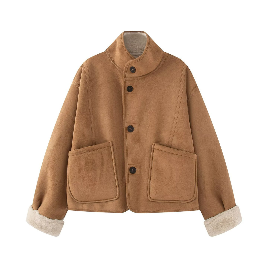 Damen Kurze Schaffelloptik-Jacke mit Stehkragen und großen aufgesetzten Taschen Drune