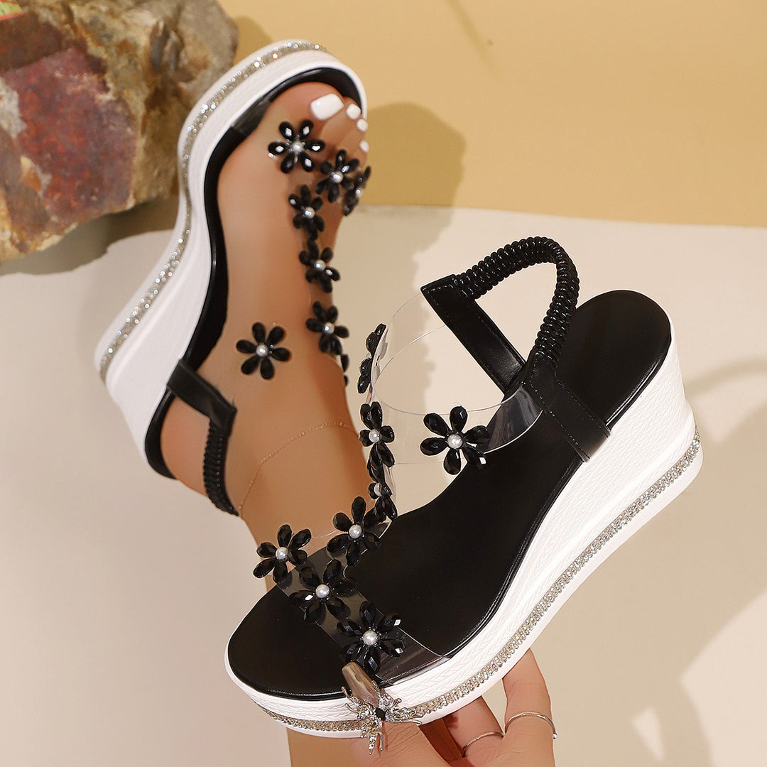 Damen Plateau-Sandalen mit transparentem PVC-Riemen und Blumenapplikation Drune