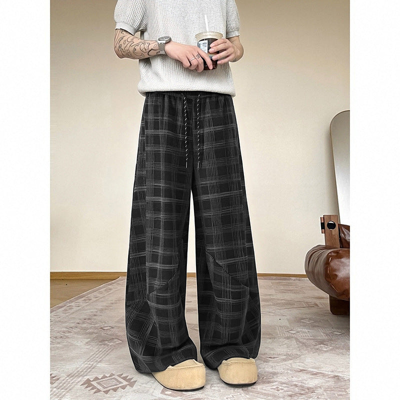 Herren weite karierte Lounge-Hose mit elastischem Bund und Tunnelzug Drune