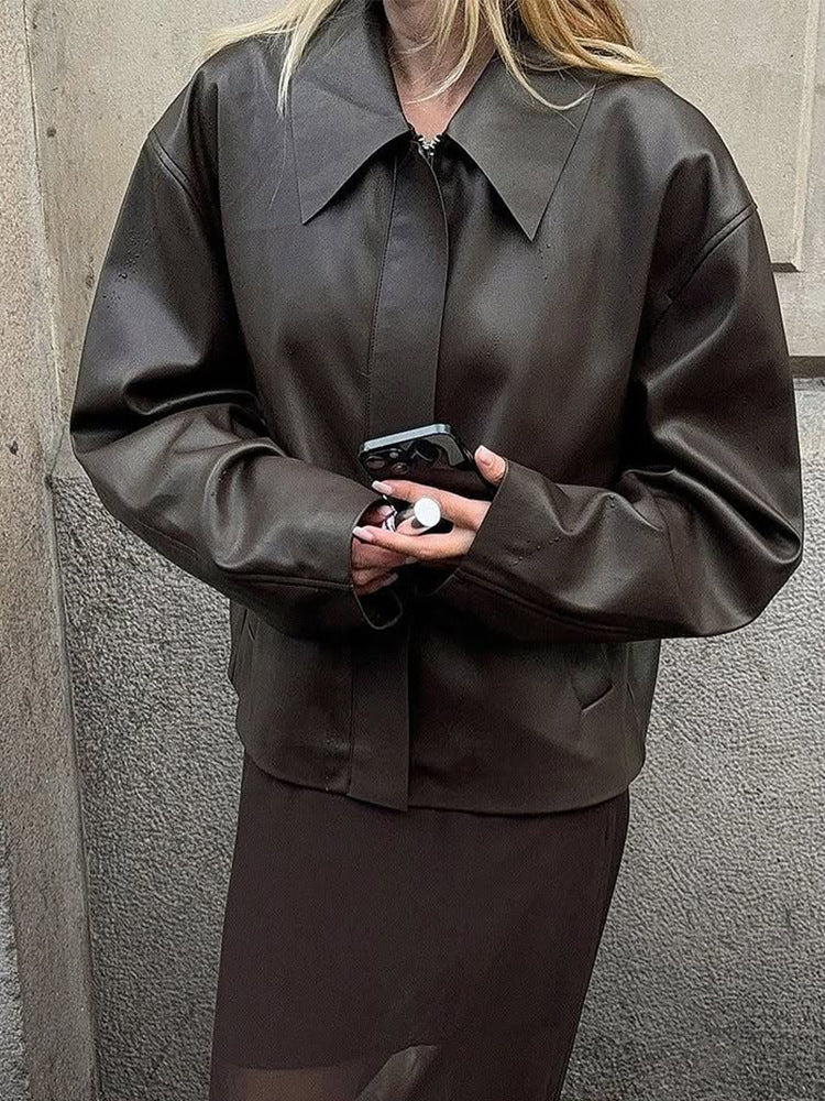 Damen modische Kunstlederjacke mit oversized Design Drune