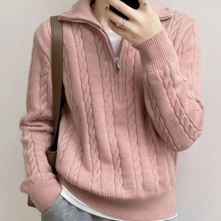 Damen kuscheliger Zopfpullover mit halbem Reißverschluss und breiten Bündchen Drune