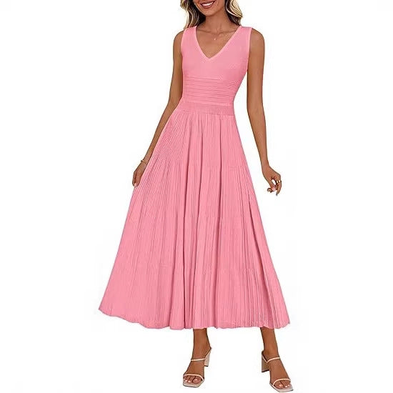 Damen Plisseekleid mit V-Ausschnitt und weitem Saum Drune