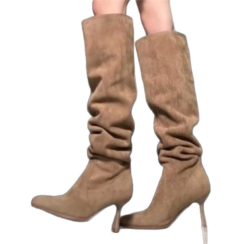 Damen kniehohe Slouch‑Stiefel aus Veloursoptik mit spitzer Zehenpartie und sculpted Stiletto Drune