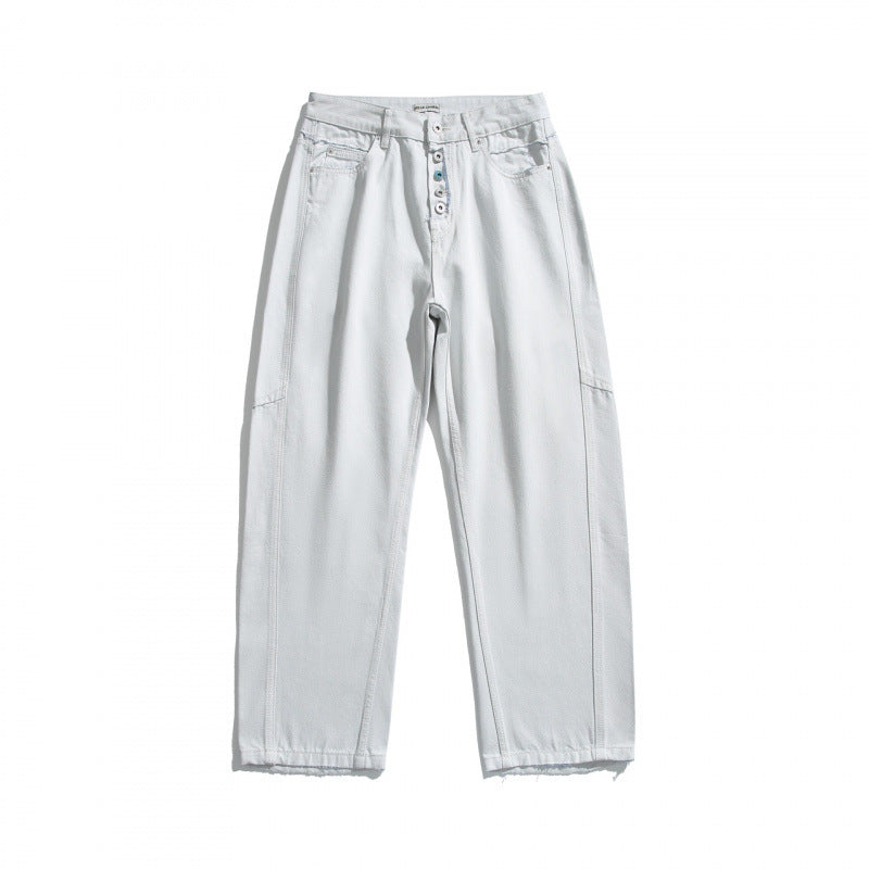 Damen Weite High‑Waist Cropped Jeans mit sichtbarer Knopfleiste, rohem Saum und Utility‑Nähten Drune