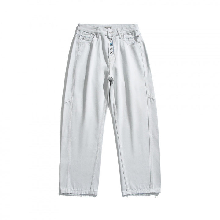 Damen Weite High‑Waist Cropped Jeans mit sichtbarer Knopfleiste, rohem Saum und Utility‑Nähten Drune