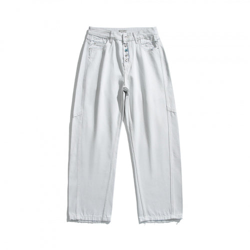 Damen Weite High‑Waist Cropped Jeans mit sichtbarer Knopfleiste, rohem Saum und Utility‑Nähten Drune